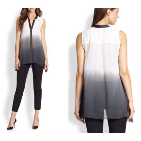 Eileen Fisher Sz XS 100% SILK Chiffon Ombre Asymmetrical Long Tunic Top Blouse - Picture 3 of 11